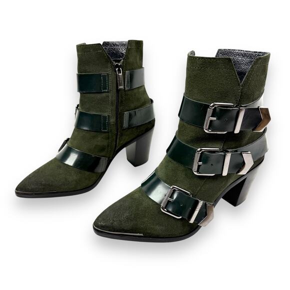 DIESEL green suede strapped buckle heeled pointed toe boots - Picture 4 of 16